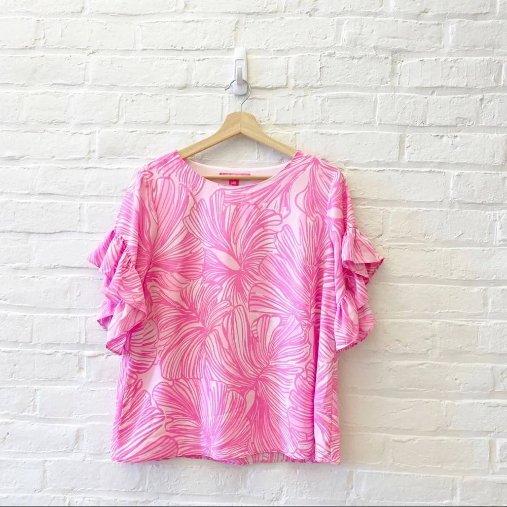 Lilly Pulitzer || Darlah Ruffle Sleeve Top Prosecco Pink Fronds Place Medium_2